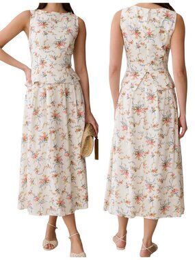 Sorella Aveline Linen Blend Floral Skirt Top Set Vintage Bouquet Size 6